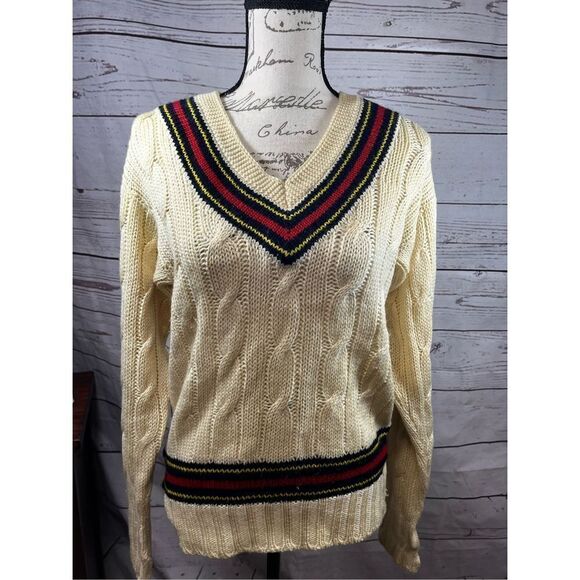 Vintage A.E. Clothier Cable Knit Cricket Sweater V Neck Striped Trim 36 - Picture 1 of 4